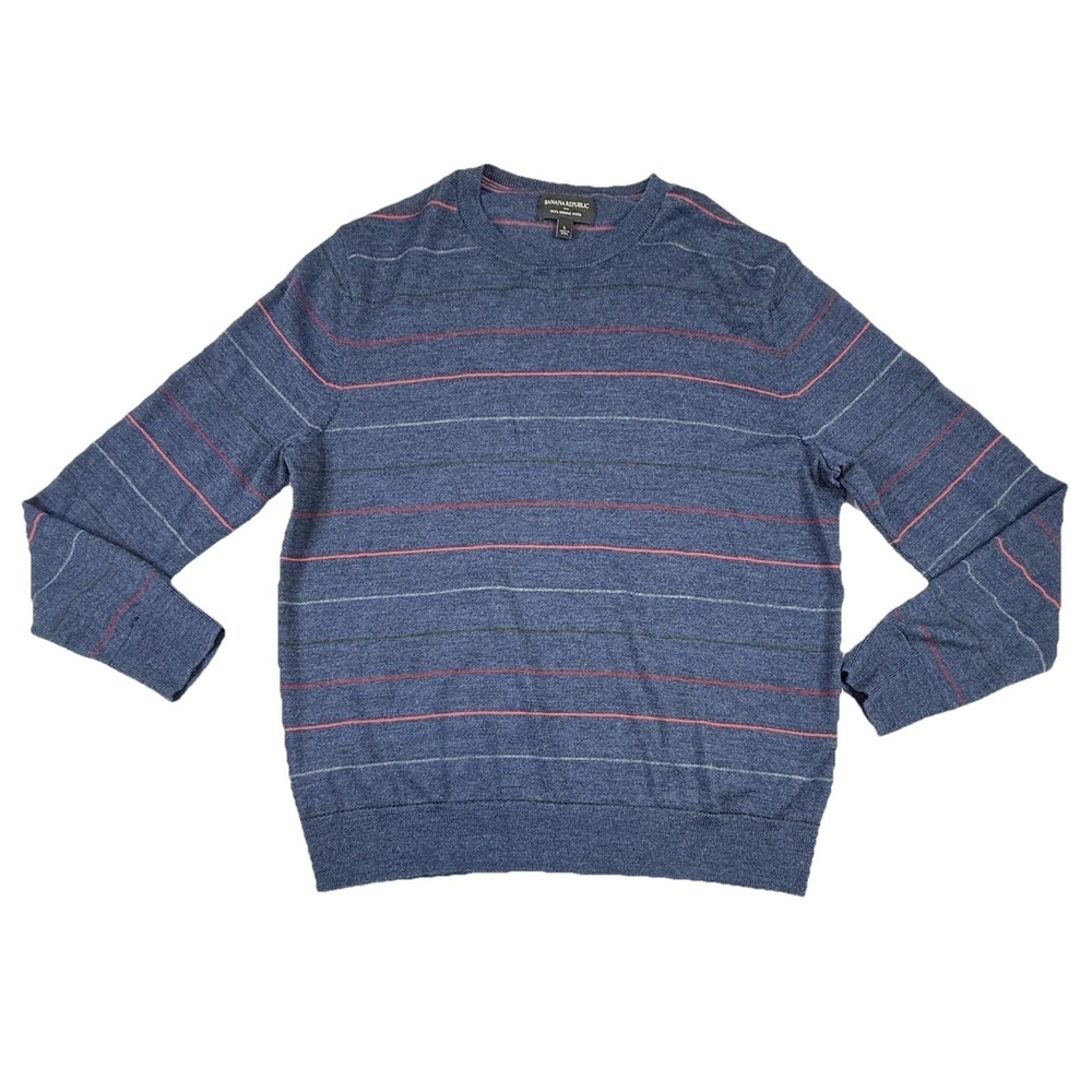 Banana Republic 100% Merino Wool Crew‎ Neck Sweater Blue Striped Mens Large